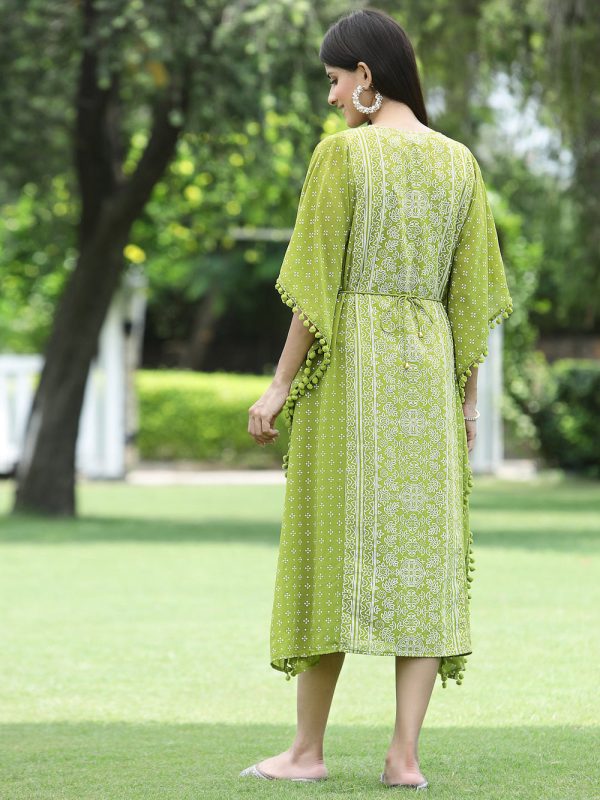 Indian Clothing Juniper Green Georgette Festive Bandhej Printed Straight Kaftan For Women Discount