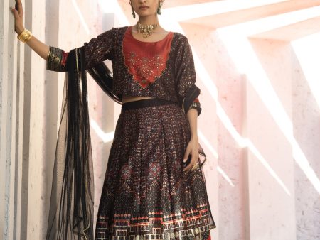 Juniper Black Dull Satin Festive Printed Crop Choli-Skirt Dupatta For Women Online Sale