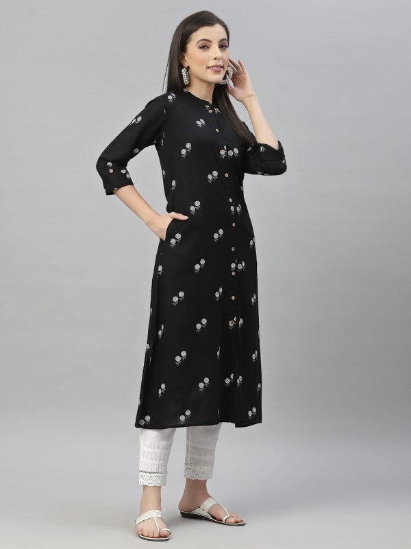 Juniper Black Rayon Festive Printed A-Line Kurta For Women Online Hot Sale