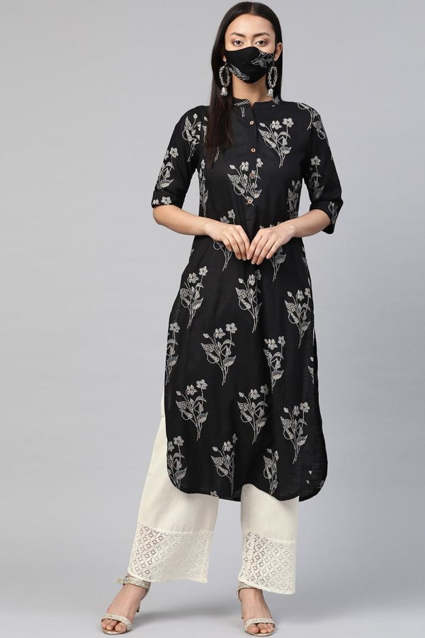 Juniper Women s Black Rayon Slub Bandhani Straight Kurta For Sale