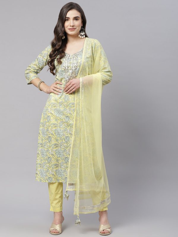 NOZ2TOZ Women s Yellow Cotton Straight Kurta Pant Set With Dupatta For Sale