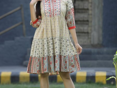 Juniper Beige Cambric Festive Embroidered Tiered Short Dress For Women Fashion