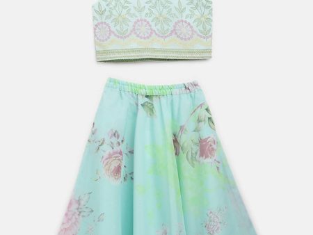 Ahalyaa Aqua Blue Organza Printed Lehenga Choli For Kids For Girls Online Hot Sale