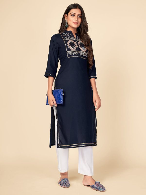 NOZ2TOZ Women Navy Blue Rayon Kurta (1pc) Online