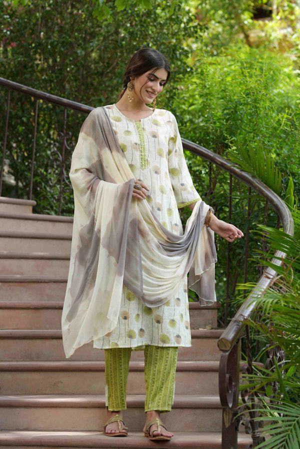 Juniper Green Rayon Casual Wear Printed Straight Kurta Pant Dupatta Set Online Sale