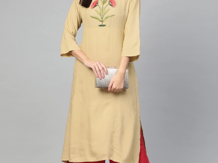 Wahe-NOOR Women s Beige & Red Yoke Design Kurta With Palazzos Cheap