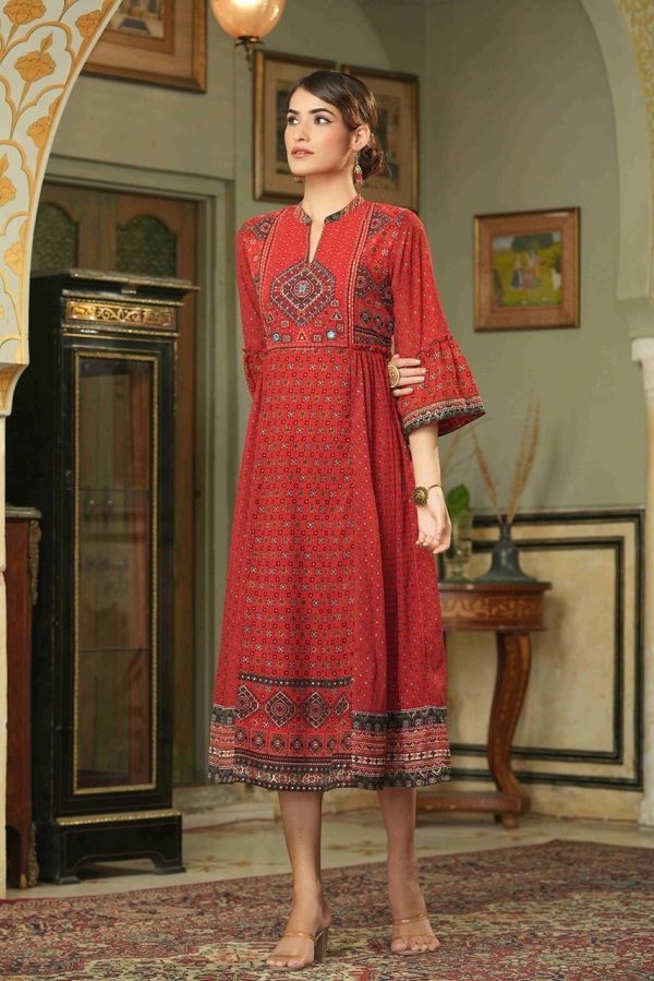 Juniper Red Georgette Festive Printed Flared Dress For Women For Cheap