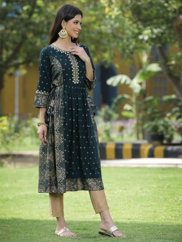 Juniper Green Rayon Festive Wear Printed Flared Kurta Sale