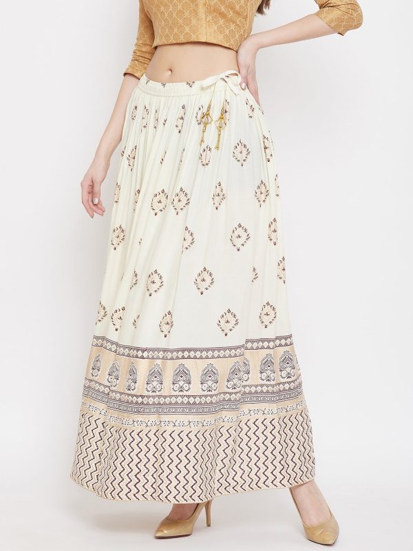 Wahe-NOOR Women s Cream Flared Printed Maxi Skirt on Sale