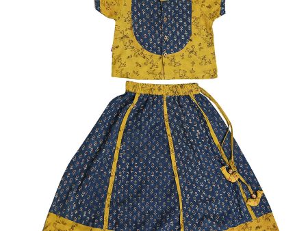 Mhyssa Block Printed Blue Ghagra Choli With Stand Collar & Puff Sleeves Set Discount