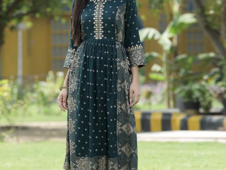 Juniper Green Rayon Festive Wear Printed Flared Kurta Sale