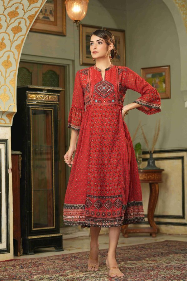 Juniper Red Georgette Festive Printed Flared Dress For Women For Cheap