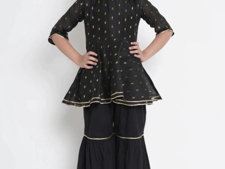 NOZ2TOZ Black & Gold Woven Design Kurta & Sharara Set For Girls Online now