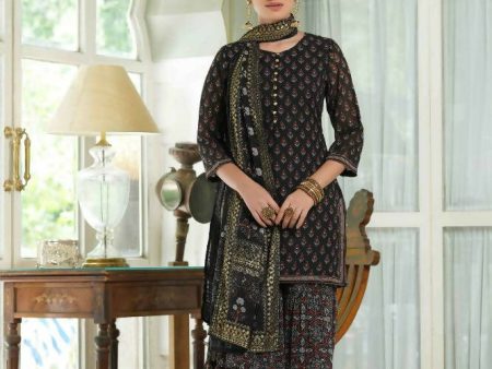 Juniper Black Georgette Festive Floral Print Straight Tunic-Sharara For Women For Discount