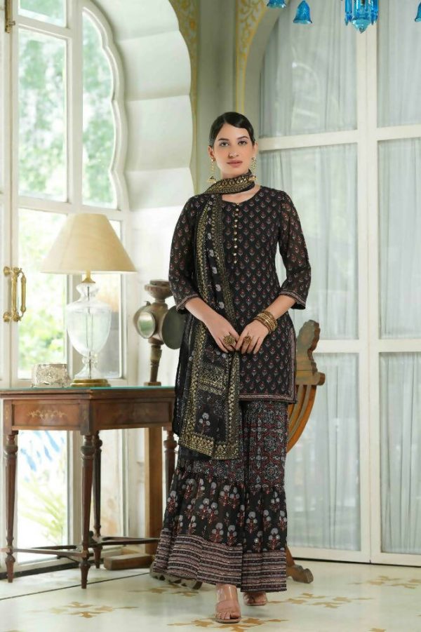 Juniper Black Georgette Festive Floral Print Straight Tunic-Sharara For Women For Discount