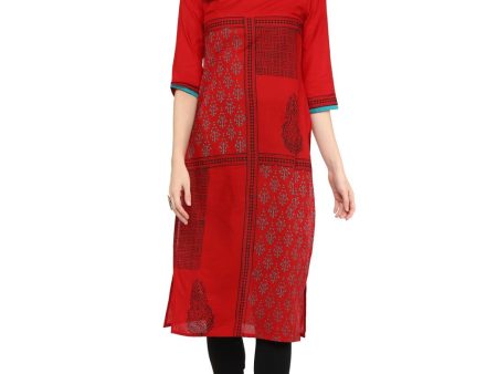 NOZ2TOZ Women s Red Ajrakh Hand Block Geometric Printed Cotton Straight Kurta Online Hot Sale