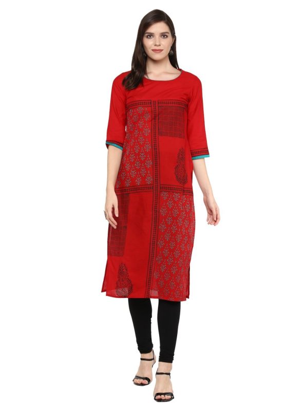 NOZ2TOZ Women s Red Ajrakh Hand Block Geometric Printed Cotton Straight Kurta Online Hot Sale