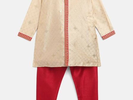 Ahalyaa Beige Poly Silk Gold Print Kids Kurta Churidar Set For Boys on Sale