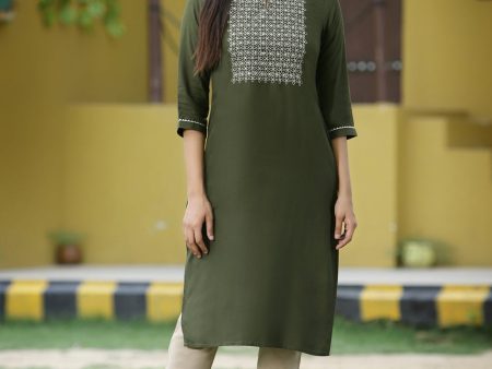 Juniper Green Rayon Festive Embroidered Straight Kurta For Women on Sale