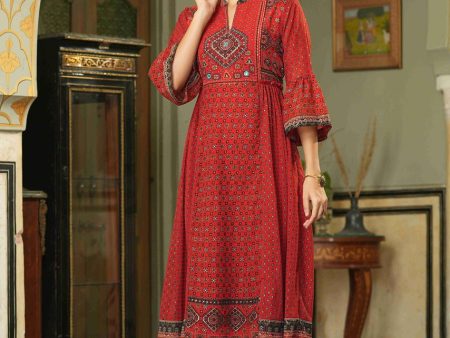 Juniper Red Georgette Festive Printed Flared Dress For Women For Cheap