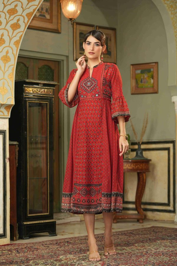 Juniper Red Georgette Festive Printed Flared Dress For Women For Cheap