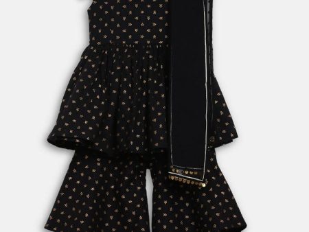 Ahalyaa Black Cotton Gold Print Kids Kurta Sharara Sets For Girls Supply