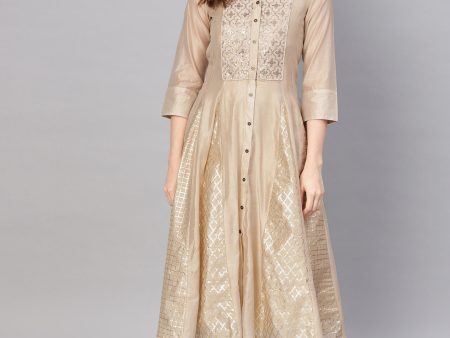 Juniper Womens Beige Chanderi Sequin Embroidered Kalidar Kurta Dress Fashion