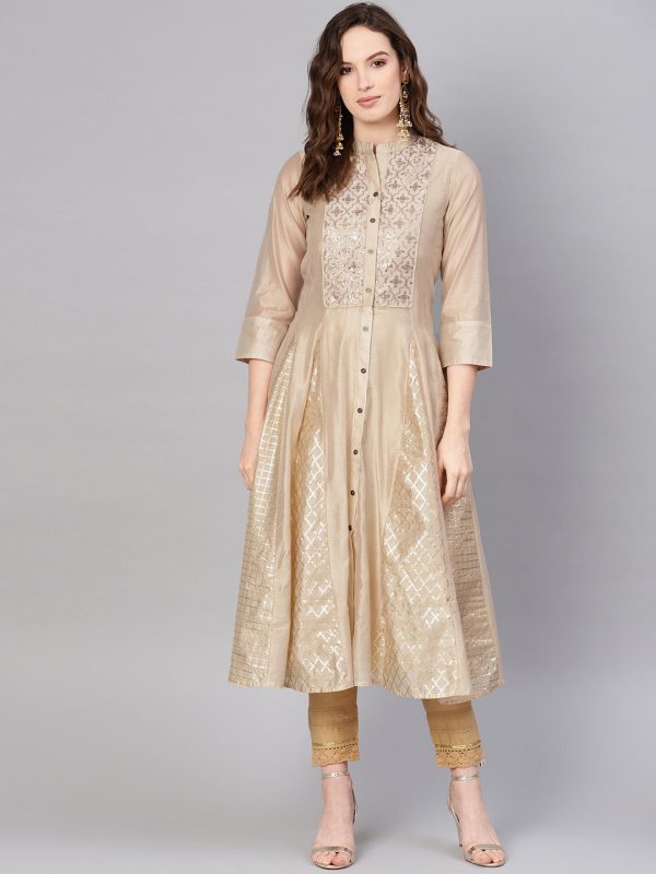 Juniper Womens Beige Chanderi Sequin Embroidered Kalidar Kurta Dress Fashion