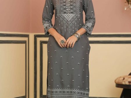 Juniper Grey Rayon Festive Embroidered Straight Kurta For Women Supply