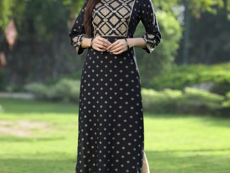 Juniper Black Rayon Festive Wear Embroidered Flared Kurta For Sale