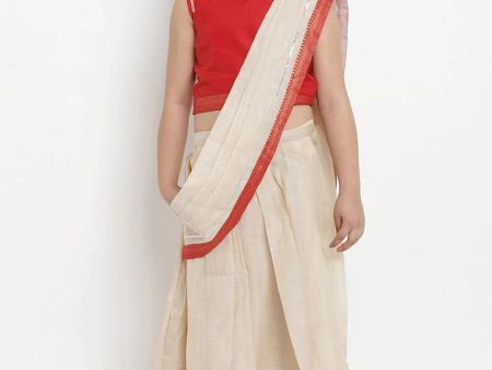 NOZ2TOZ Beige & Red Chanderi Silk Solid Half Saree Set with Blouse For Girls Fashion