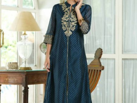 Juniper Blue Chanderi Festive Embroidered Polka Dot Printed A-Line Kurta For Women Hot on Sale