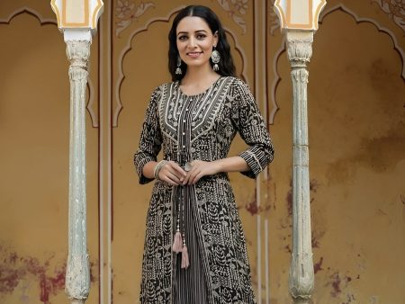 Juniper Women`s Black Rayon Staple Embroidered & Printed A-Line Kurta Sets Supply