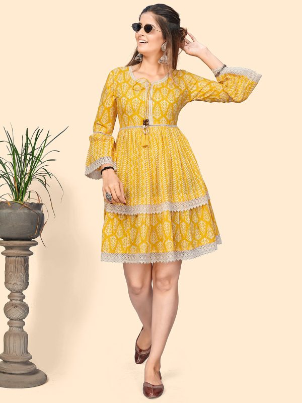 NOZ2TOZ Women s Printed & Lace Border A-Line Cotton Yellow Stitched Dress For Discount