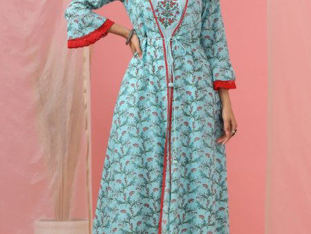 Juniper Women`s Skyblue Rayon Embroidered & Printed Flared Dress Supply