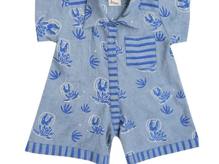 Mhyssa Blue Round Neck Patch Pocket Half Sleeves Romper For Kids For Cheap