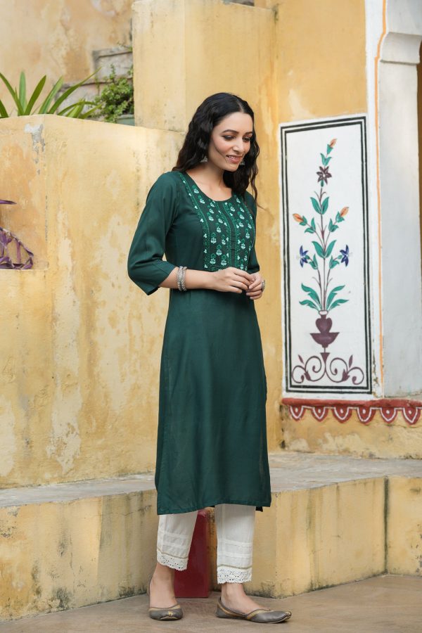 Juniper Green Rayon Festive Wear Embroidered Straight Kurta Online now