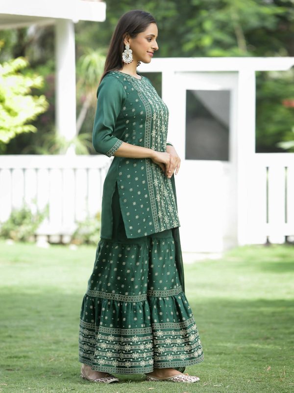 Juniper Green Mono Viscose Festive Wear Printed Straight Kurta Sharara Dupatta Set Discount