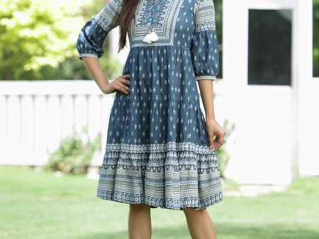 Juniper Blue Rayon Festive Printed Tiered Dress For Women on Sale