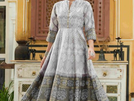 Juniper Grey Shantoon Festive Khadi Print Foil Print Flared Dress For Women For Sale