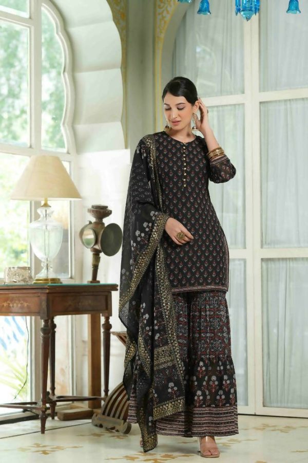 Juniper Black Georgette Festive Floral Print Straight Tunic-Sharara For Women For Discount