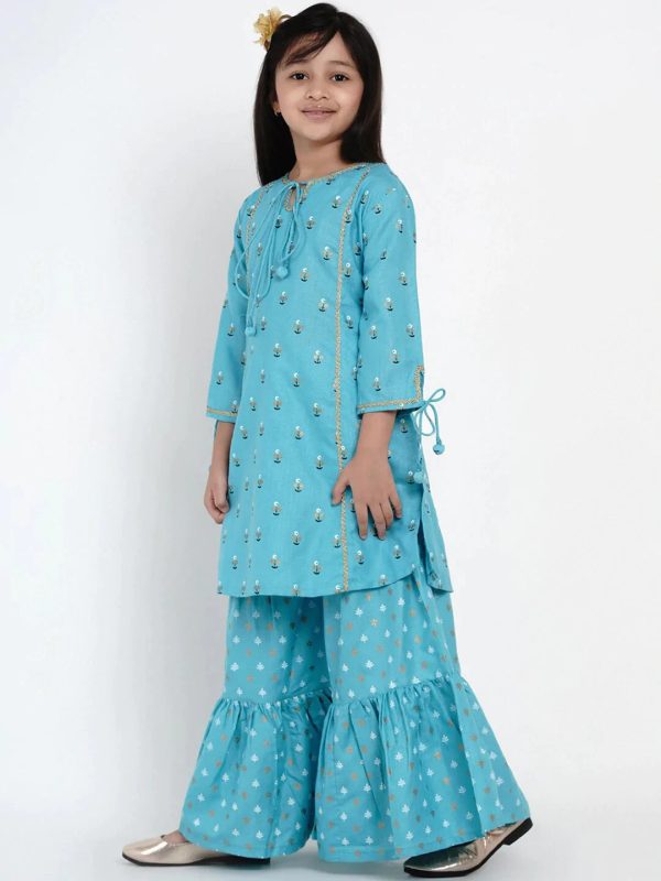 NOZ2TOZ Blue & White Printed Kurta & Sharara Set For Girls Cheap