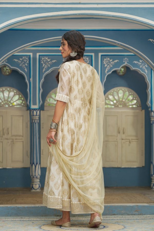 Juniper Beige Chanderi Festive Solid Embroidered Flared Maxi Dupatta For Women Cheap