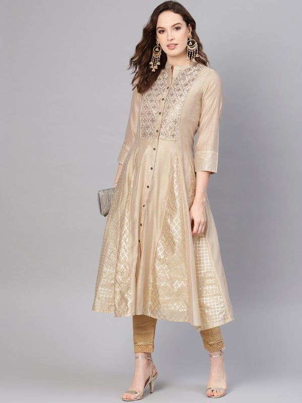 Juniper Womens Beige Chanderi Sequin Embroidered Kalidar Kurta Dress Fashion