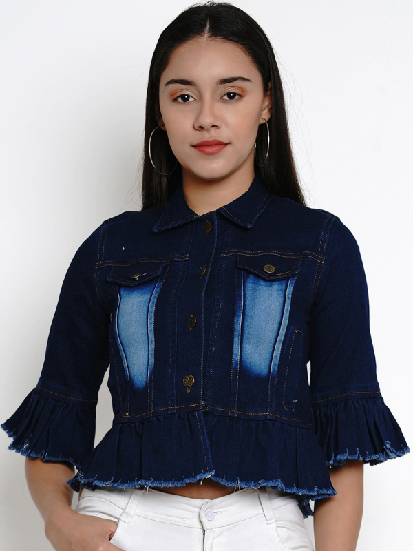 Wahe-NOOR Women s Blue Solid Lightweight Crop Denim Jacket Supply