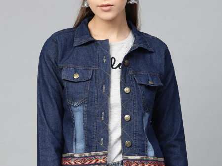 Wahe-NOOR Women s Navy Blue Washed Denim Jacket For Cheap