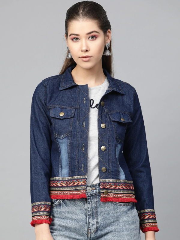 Wahe-NOOR Women s Navy Blue Washed Denim Jacket For Cheap