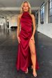 Arabelle High Neck Satin Maxi Dress - Burgundy Hot on Sale