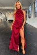 Arabelle High Neck Satin Maxi Dress - Burgundy Hot on Sale